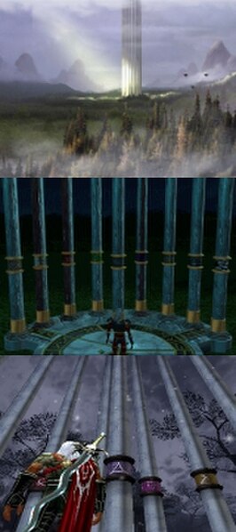 Series director Amy Hennig described the Pillars of Nosgoth (above: in concept art, center: in Blood Omen, below: in Defiance) as "the mythological an