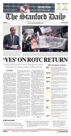 The front page of The Stanford Daily on April 29, 2011, announcing the Faculty Senate's vote to invite ROTC back to campus.