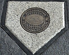 Home plate at Veterans Stadium, home to the Philadelphia Phillies for 33 seasons, is remembered with this granite and bronze marker in the parking lot near Citizens Bank Park. (2006)
