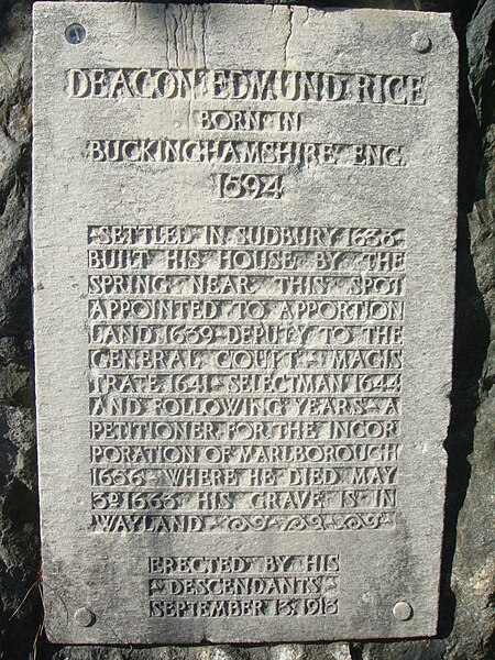 Edmund Rice homesite marker tablet in Wayland, Massachusetts.