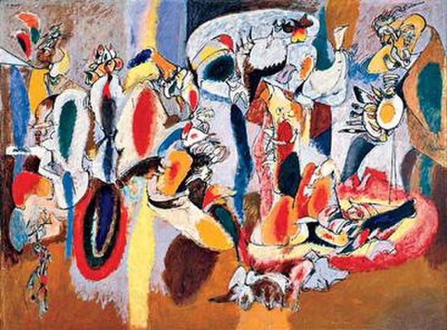 Arshile Gorky, The Liver is the Cock's Comb (1944), oil on canvas, 731⁄4 × 98" (186 × 249 cm) Albright–Knox Art Gallery, Buffalo, New York. Gorky was 