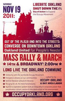 Occupy Oakland poster advertising November 19 "Mass Rally & March" on 14 and Broadway, released on the Occupy Oakland website November 15. Nov19 MassRally occupy oakland.jpg