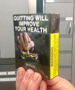 A sample package: a variety of warning packages are in use. Australian cigarette pack with health warning December 2012.jpg