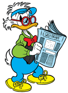 Gideon represented in an Italian-made picture, holding a copy of "The Cricket" (Il Grillo Parlante) GideonMcDuck.png