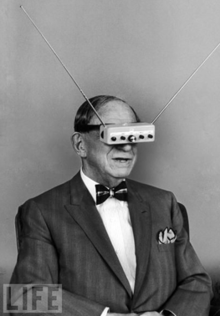 Gernsback demonstrating his television goggles in 1963 for Life magazine