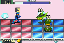 Battles take place on a three-by-six grid. The player selects a Cannon Battle Chip for MegaMan.EXE (left) while fighting two viruses. Mmbn1 gameplay.png