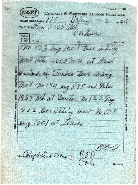 A train order issued in the United States in the 1940s