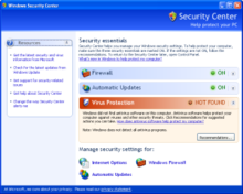 Windows Security Center in Windows XP Service Pack 2 reporting no antivirus product is installed. Windows Security Center XP SP2.png