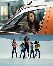 Two frames showing Jordan in the backseat of her orange car (upper) and at a swimming pool with four back-up dancers (lower) Happiness Video Shot.jpg