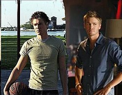 Lucas's T-shirt, shorts and jeans look (left); his sleeker, more form-fitting clothing (right).