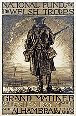 Image 13History of the United Kingdom during World War IArtist: Frank Brangwyn; Restoration: Lise BroerA poster from Wales advertising a fundraising event to support Welsh troops in the First World War. The United Kingdom during this period underwent a number of societal changes, mainly due to wartime events: many of the class barriers of Edwardian England were diminished, women were drawn into mainstream employment and were granted suffrage as a result, and increased national sentiment helped to fuel the break up of the British Empire.More featured pictures