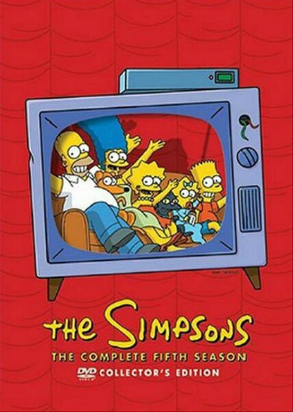 DVD cover featuring the Simpson family (from left to right) Homer, Santa's Little Helper, Marge, Lisa, Snowball II, Maggie and Bart sitting down watch