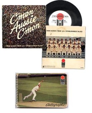 Examples of World Series Cricket marketing. The popular "C'mon Aussie C'mon" single and a World Series Cricket autograph book