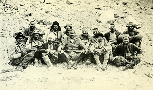 Expedition at Base Camp. Back row: Morshead, G Bruce, Noel, Wakefield, Somervell, Morris, Norton Front row: Mallory, Finch, Longstaff, General C Bruce