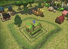 Georama mode in Dark Chronicle. Here, the player places a house on a previously placed hill in Sindain to affect events in the game's future world. Dark Chronicle georama.jpg