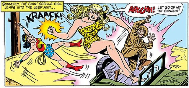 The Silver Age Giganta kidnaps Steve Trevor in Wonder Woman #163 (1966); art by Ross Andru.
