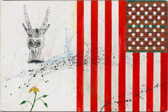 Joe Ray, US, acrylic on canvas, cotton fabric, on panel; 48" x 72", 1993. Collection of LACMA. Joe Ray US 1993.jpg