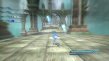 Screenshot of the mach speed section in the Kingdom Valley stage of Sonic the Hedgehog; this particular screen shows Sonic running at full speed while dodging obstacles. The text on the left-hand side of the screen shows the timer, the number of lives the player has, and the player's score. The meter on the right side shows how much power the player has in order to perform special abilities.