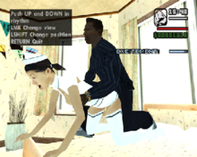 The player, as CJ (right), engaging in the "Hot Coffee" minigame Hot coffee.png