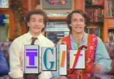 Larry Appleton (Mark Linn-Baker) and Balki Bartokomous (Bronson Pinchot) during an interstitial for TGIF (1989)