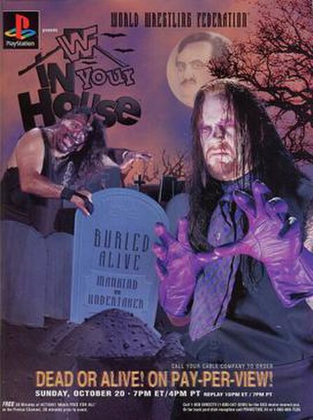 Promotional poster featuring Mankind, Paul Bearer, and The Undertaker in a graveyard