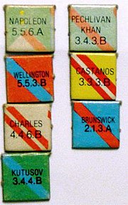 Leader chits from each Great Power: Napoleon, Wellington, Charles, Kutusov, Pechlivan Khan, Castanos, and Brunswick. The numbers represent their strategic rating (ability to outflank/withdraw), their (head-to-head) tactical rating, and the number of corps they can manage. The letter indicates their order of precedence among fellow leaders. EiA Leaders.JPG