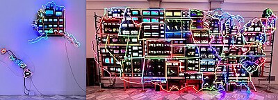 A stitched photo of all 50 states in the artwork. Alaska and Hawaii hang on the left wall next to the contiguous U.S. map. Electronic Superhighway - Nam June Paik.jpeg