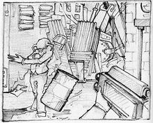Concept art of Ravenholm, depicting a zombie tossing a metal barrel at the player. Debris is visible in the background. Half-Life 2 Ravenholm concept art.png