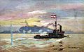 A painting of SMS Körös bombarding Belgrade in 1914