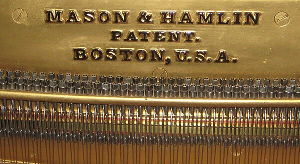 Detail of an 1894 Mason & Hamlin upright piano, showing the "screw stringer" apparatus.