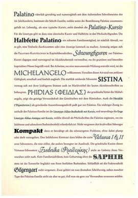 A 1953 specimen of Palatino's "extended family", showing the range of fonts Stempel considered complementary to it. Many have little to do with Palati