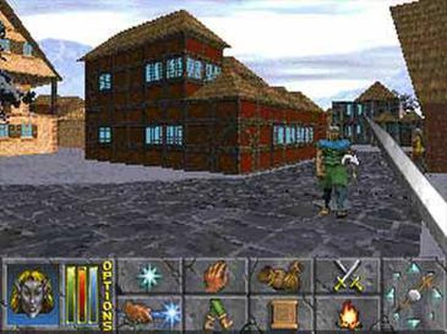 A first-person screenshot from Daggerfall, demonstrating the user interface and graphical capabilities of the game