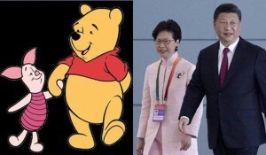 Meme comparing Piglet and Winnie the Pooh to Hong Kong Chief Executive Carrie Lam and Xi Jinping, respectively.