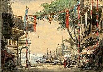 painting of open-air scene in India with ornamental banners, colourful buildings and ships on a large river in the background