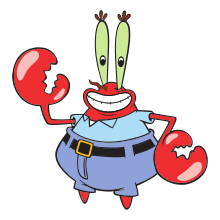 A red cartoon smiling crab with teardrop-shaped eyes wears a light blue shirt and darker blue jeans with a black belt.