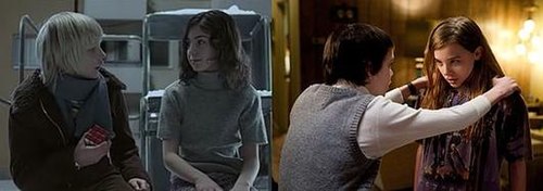 Left - Oskar (Kare Hedebrant) and Eli (Lina Leandersson) in Let the Right One In (2008)
Right - Owen (Kodi Smit-McPhee) and Abby (Chloe Grace Moretz) in Let Me In (2010) Oskar Eli Owen Abby.jpg