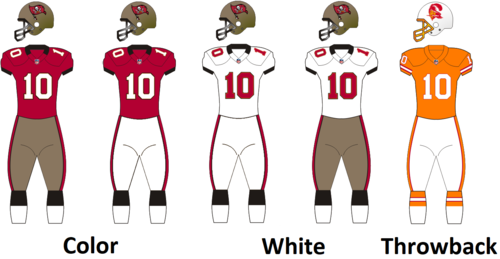 The Buccaneers began wearing the throwback orange, red, and white uniforms during the 2009 season. Tampa Bay Buccaneers Uniforms 1997-2013.png