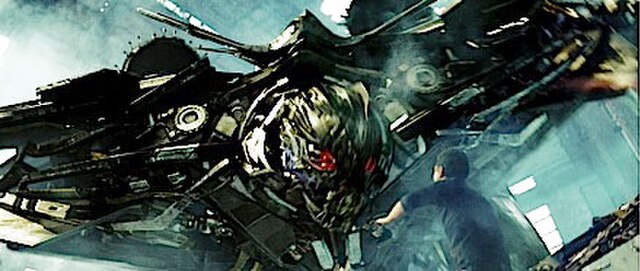 A screenshot of Starscream confronting Sam. In his audio commentary for the 2007 film, Michael Bay said he wanted more close-ups of the robots for the