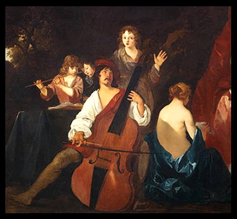 Some early basses were conversions of existing violones. This 1640 painting by Peter Lely, a painter of Dutch origin, shows a violone being played.