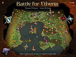 The campaign map of Etheria. Warlords Battlecry II was praised for replacing the story-driven campaign of its predecessor with a non-linear campaign. Warlords battlecry ii etheria.jpg