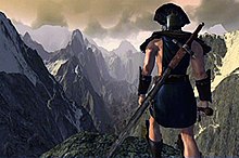 An Aquilonian character in Age of Conan gazing at the snowy mountains of northern Cimmeria Aoc mountains.jpg