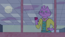 A screenshot from the television series BoJack Horseman, showing the character Princess Carolyn (Amy Sedaris) a anthropomorphized pink cat holding her smartphone whilst looking out of her office window at night.