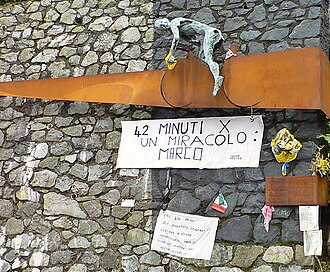Shrine to Pantani on the Mortirolo Pass erected by the Italian Professional Riders Association Marco shrine.jpg