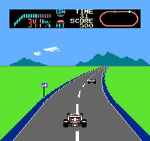 In the Famicom version, the player prepares to turn a corner. F1 Race game screenshot.png