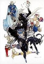 Una obra de arte de Yoshitaka Amano que representa a un grupo de catorce personajes, el elenco jugable de Final Fantasy VI.