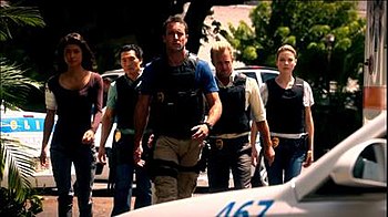 Cast of Hawaii Five-0 season 2 from left to right:
Grace Park, Daniel Dae Kim, Alex O'Loughlin, Scott Caan, and Lauren German Hawaii Five-0 Season 2 cast.jpg
