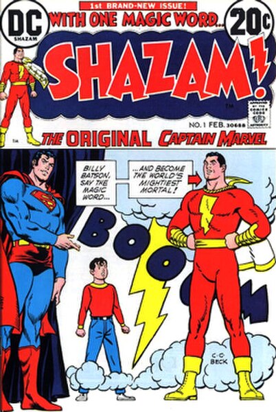 Cover of Shazam! #1 (Feb. 1973), the first key appearance of Captain Marvel in a DC publication, and his first in 20 years following the cancellation 