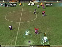 Opponents can be frozen by blue shells with the score tied between Waluigi and Peach. Super Mario Strikers.jpg