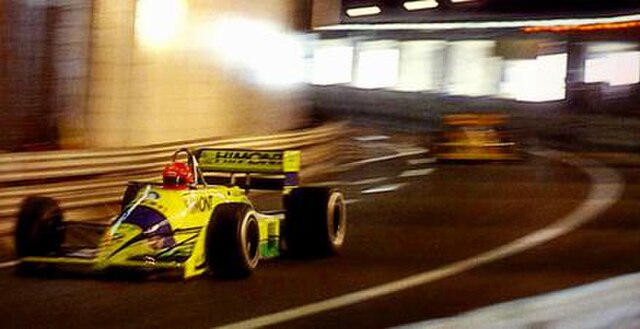 The 1989 Monaco Grand Prix was the only race in which two Colonis qualified. Raphanel leads Piquet (Lotus) through the tunnel.