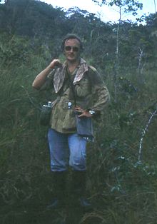 Martin Litherland poses at the source of the Rio Verde in the upper reaches of the Lost World in 1981. Martin Litherland Rio Verde source.jpg